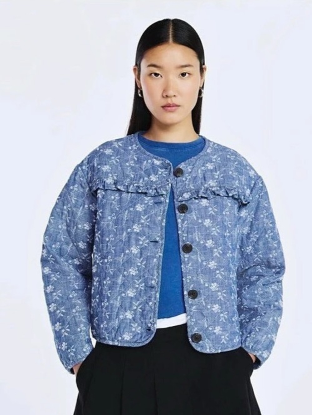 Scoop Quilted Denim Ruffle Jacket Floral Blue & White Size XL (16-18)